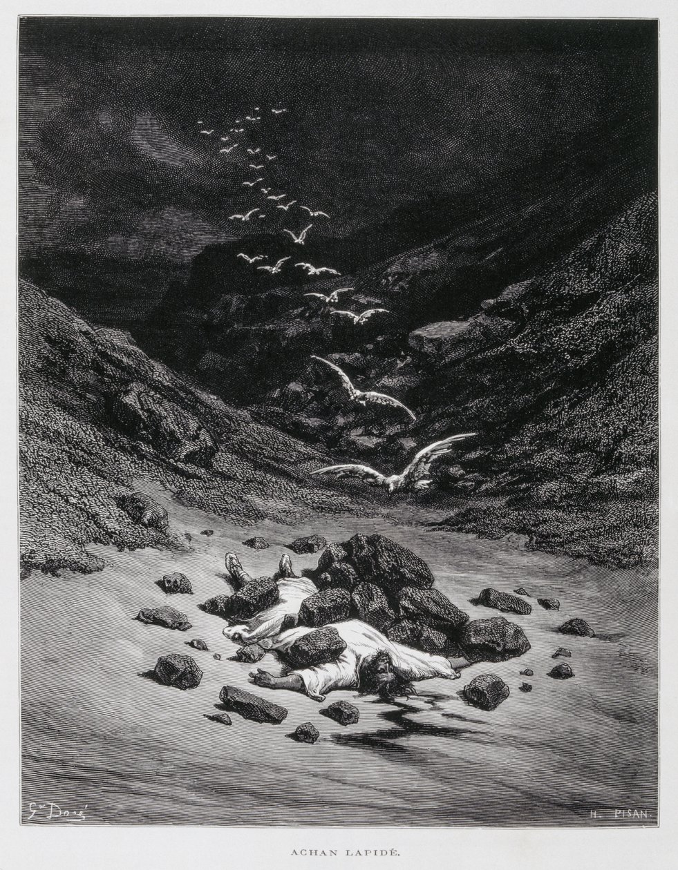 Acán muere apedreado (Jos. 7:1,10-26), Ilustración de la Biblia de Dore de Gustave Dore
