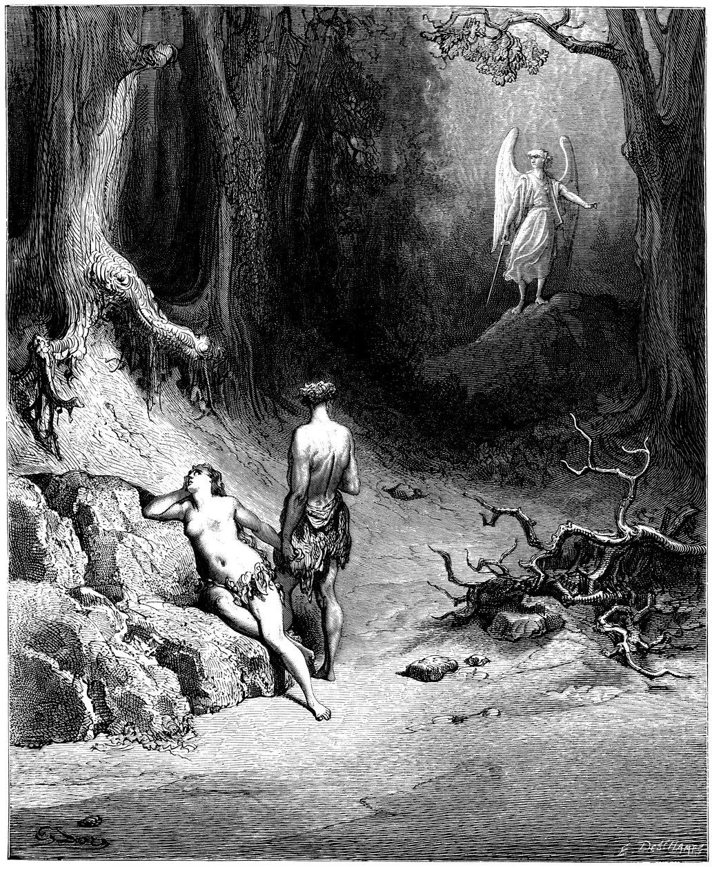 Adán y Eva salen de caza del Paraíso. Ilustración de Gustave Dore para "El paraíso perdido" de John Milton (1608-1674). Grabado de 1866. Colección privada de Gustave Dore