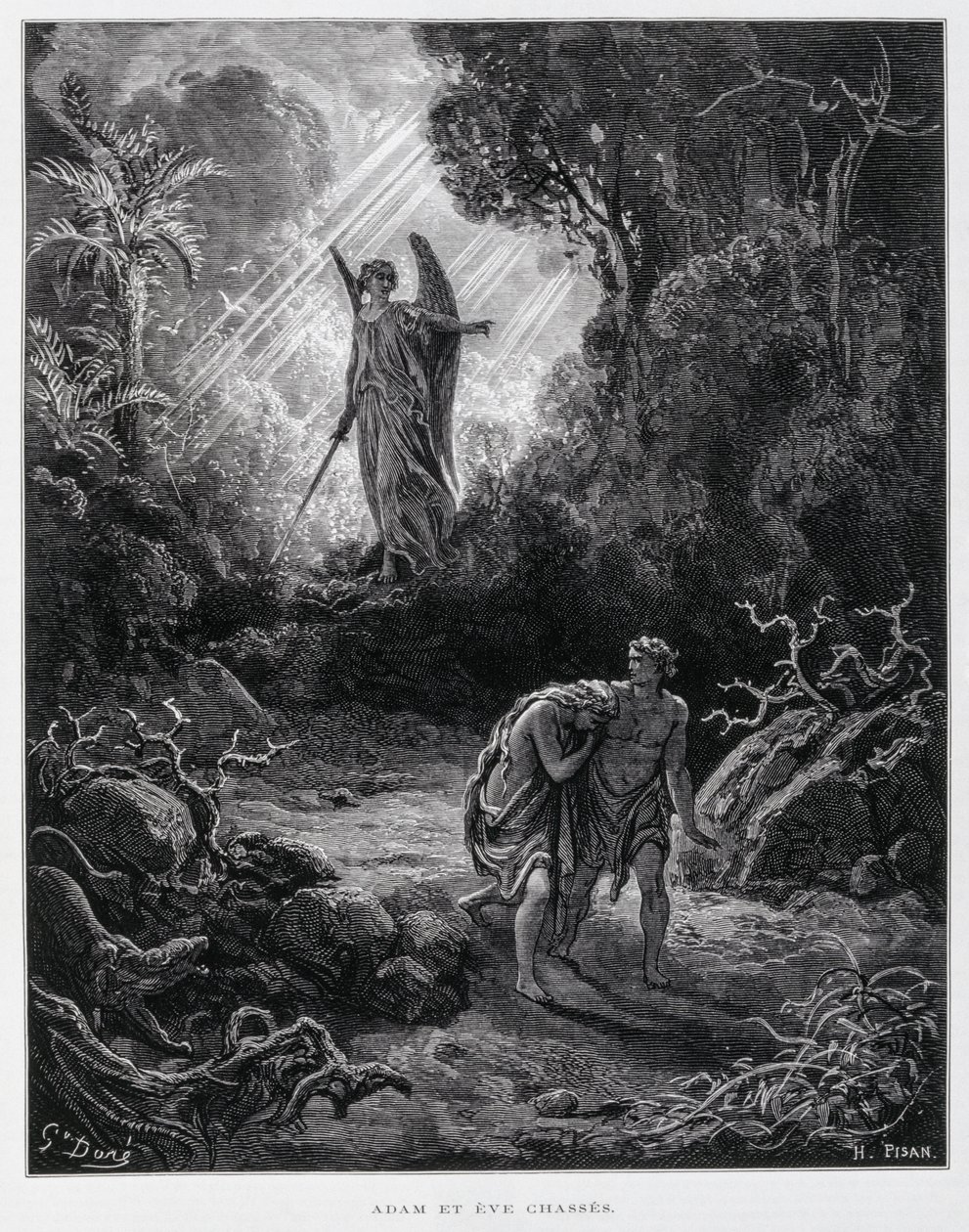 Adán y Eva desterrados del Jardín del Edén por un ángel, Ilustración de la Biblia de Dore de Gustave Dore