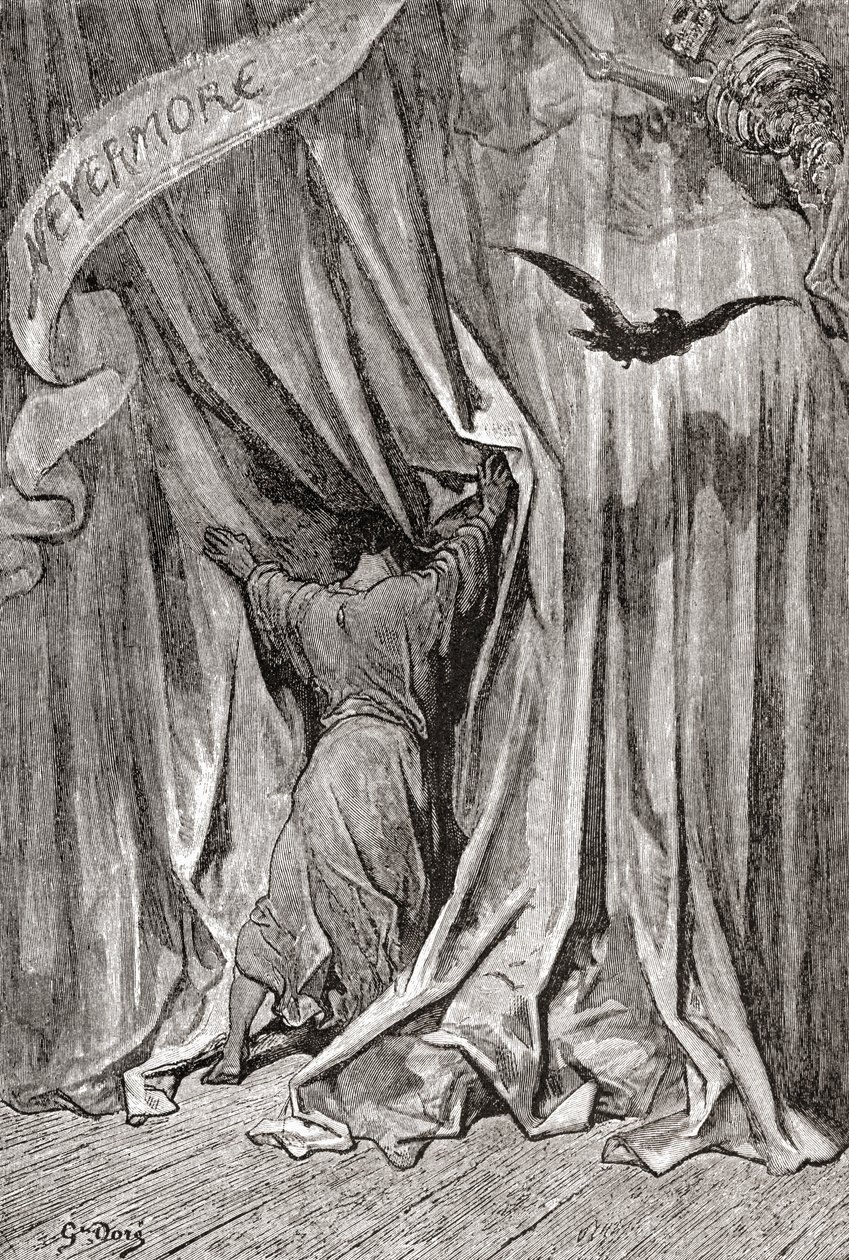 Según un dibujo de Gustave Dore para el poema de Edgar Allan Poe El cuervo. De Vida y recuerdos de Gustave Dore, publicado en 1885. de Gustave Dore