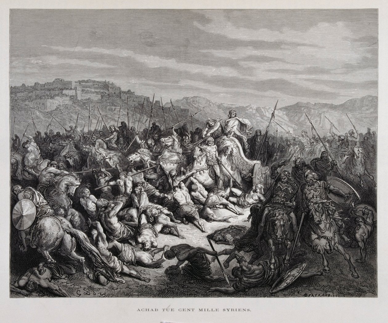 Ajab lucha contra los asirios en la batalla de Qarqar , Ilustración de la Biblia de Dore de Gustave Dore