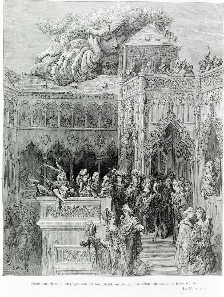 Toda su vida fue empleada no por leyes, estatutos o reglas, sino según su voluntad y libre albedrío, después de Gargantúa (1534) por François Rabelais. Grabado por Gustave Doré de Gustave Dore