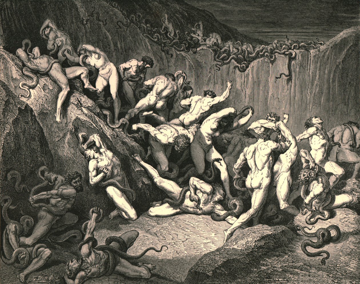 En medio de esta espantosa exuberancia de dolor corrían espíritus desnudos alados con horrido miedo, c1890 de Gustave Dore