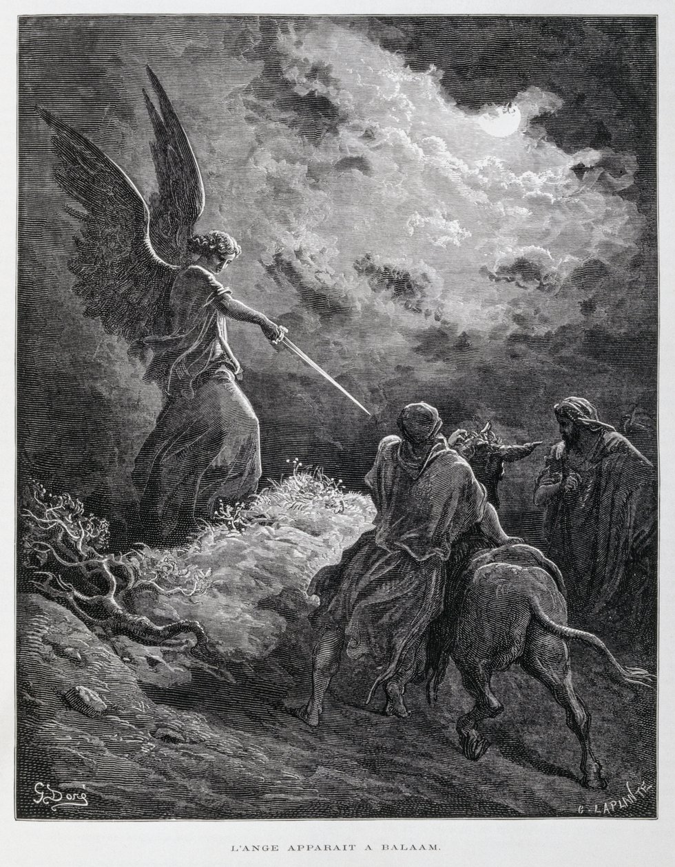 Un ángel recibió a Balaam con una espada, ilustración de la Biblia de Dore de Gustave Dore