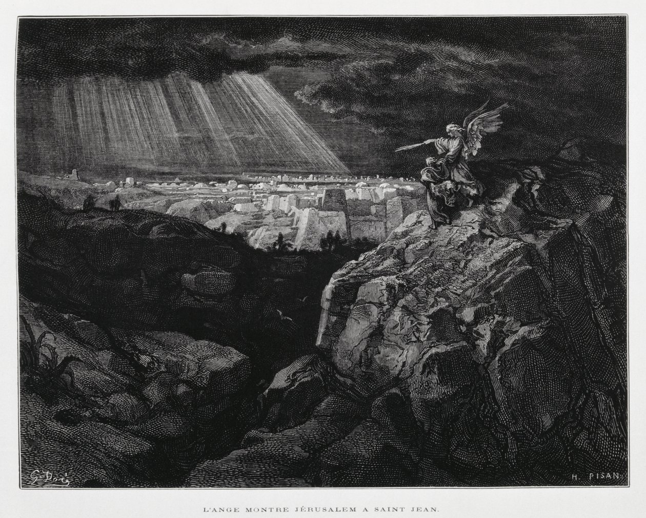Un ángel con San Juan Bautista ante Jerusalén, Ilustración de la Biblia de Dore de Gustave Dore