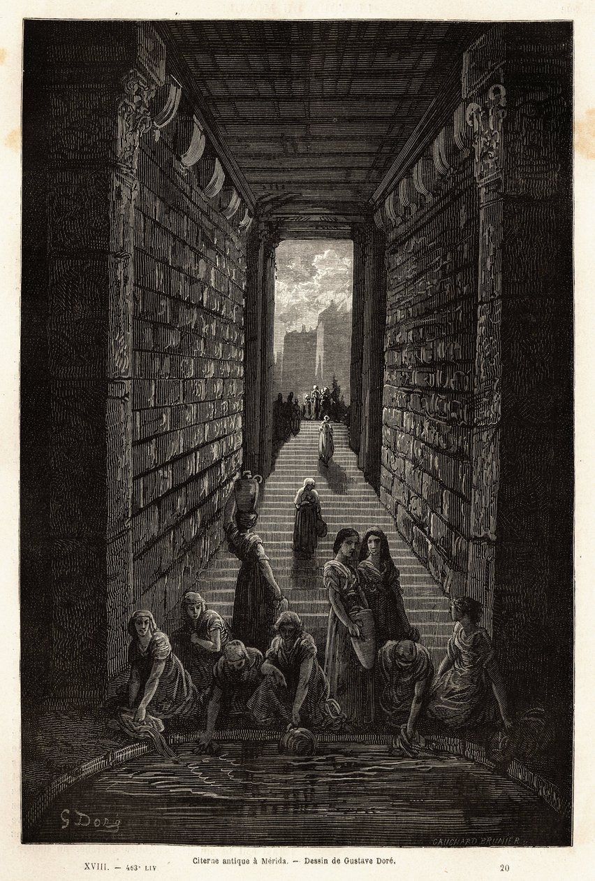 Una cisterna antigua, aún en uso, en Mérida. Grabado para ilustrar el viaje a España por Gustave Doré (1832-1883) ilustrador y el Barón Ch. Davillier redactor, en 1862, publicado en “Le tour du monde, nouveau journal des voyages”, bajo la dirección de Edou de Gustave Dore