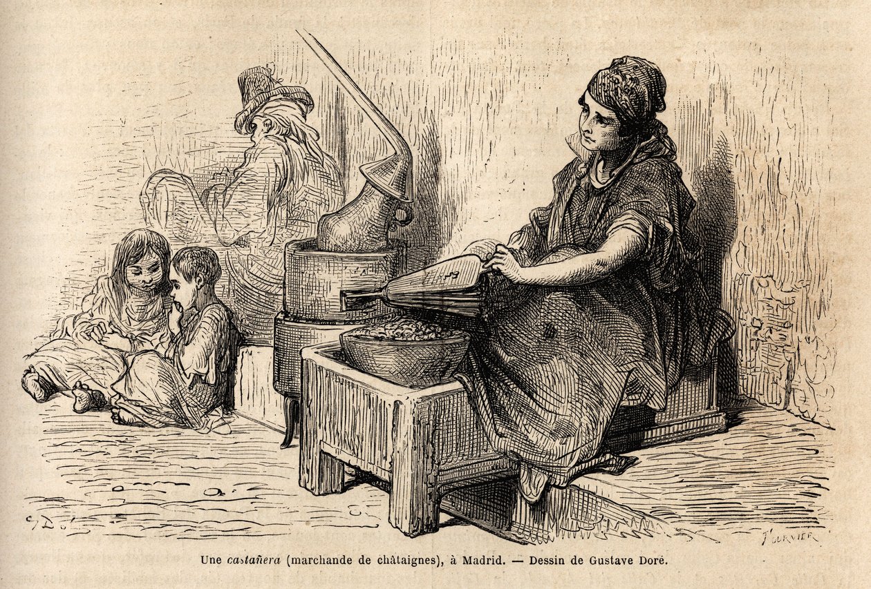 Una vendedora de castañas al aire libre, con su horno portátil, boceto en vivo en la Puerta del Sol, en Madrid. Grabado por Gustave Doré (1832-1883) para ilustrar su viaje a España, con Ch. Davillier (editor), en 1862, publicado en "Le tour du monde" de Gustave Dore