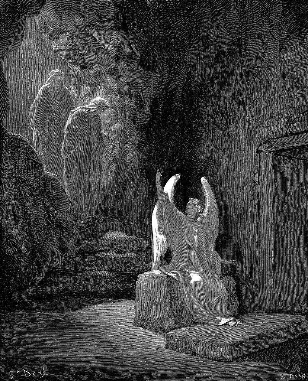 Ángel mostrando a María Magdalena y la otra María la tumba vacía de Cristo, 1865-1866 de Gustave Dore