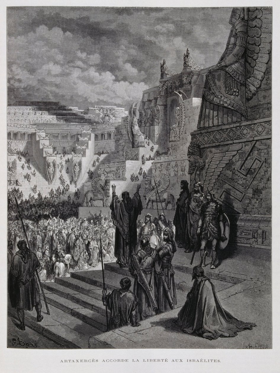Artajerjes concede la libertad a los judíos en Persia, Ilustración de la Biblia de Dore de Gustave Dore