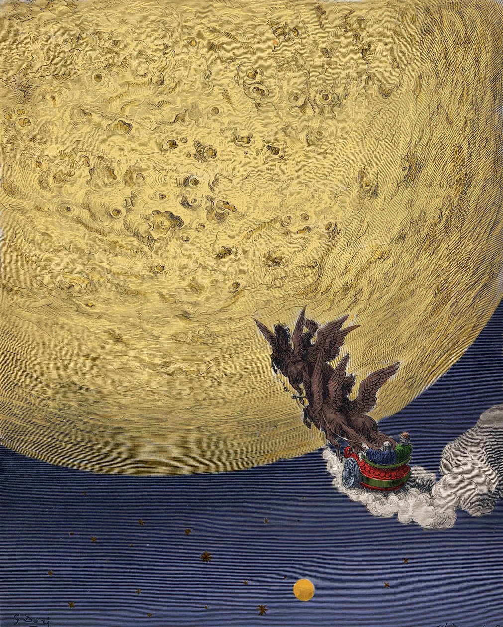 Astolfo en el carro de Elías parte en busca de la razón de Rolando en la luna. Ilustración de Gustave Doré (1832-1883) para “El Orlando Furioso” de Ludovico Ariosto llamado Ariosto. Siglo XIX de Gustave Dore