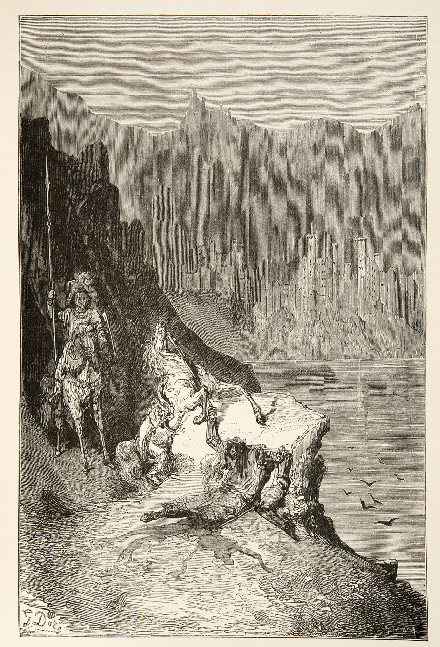Balin mata a Sir Lanceor, de Historias de los Días del Rey Arturo por Charles Henry Hanson, pub.1898 de Gustave Dore