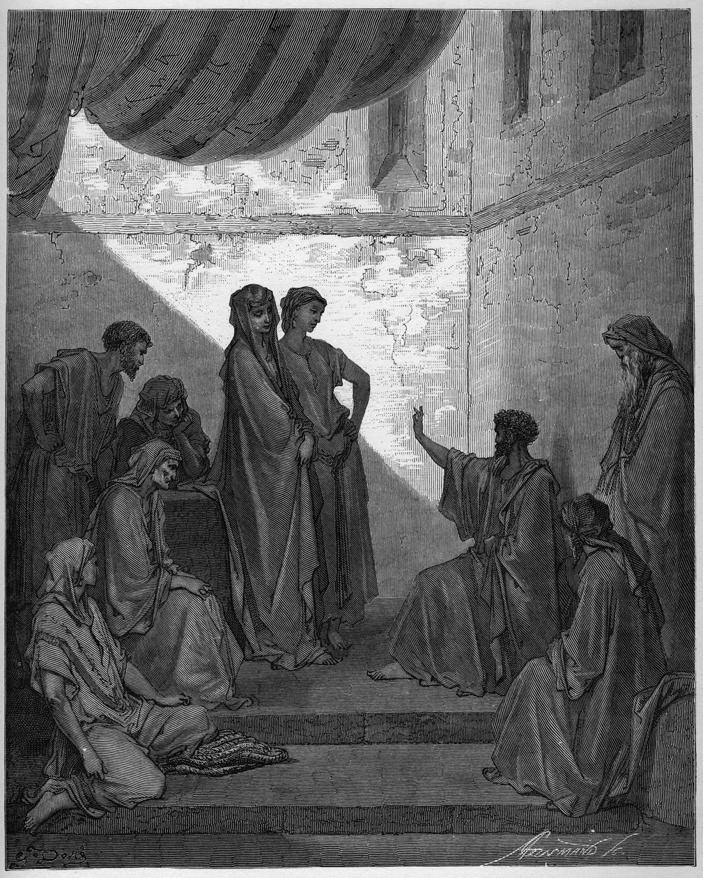 Bautismo de Cornelio el Centurión - Cornelio el Centurión recibe la fe de Jesucristo y es bautizado por San Pedro. - Grabado en “La Biblia Ilustrada” por Gustave Doré (1832-1883) - Grabado de “La Biblia de Doré” de Gustave Dore