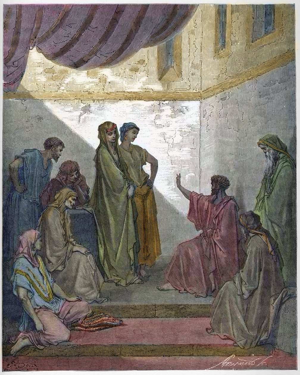 Bautismo de Cornelio el Centurión - Cornelio el Centurión recibe la fe de Jesucristo y es bautizado por San Pedro. - Grabado en “La Biblia Ilustrada” por Gustave Doré (1832-1883) - Grabado de “La Biblia de Doré” de Gustave Dore
