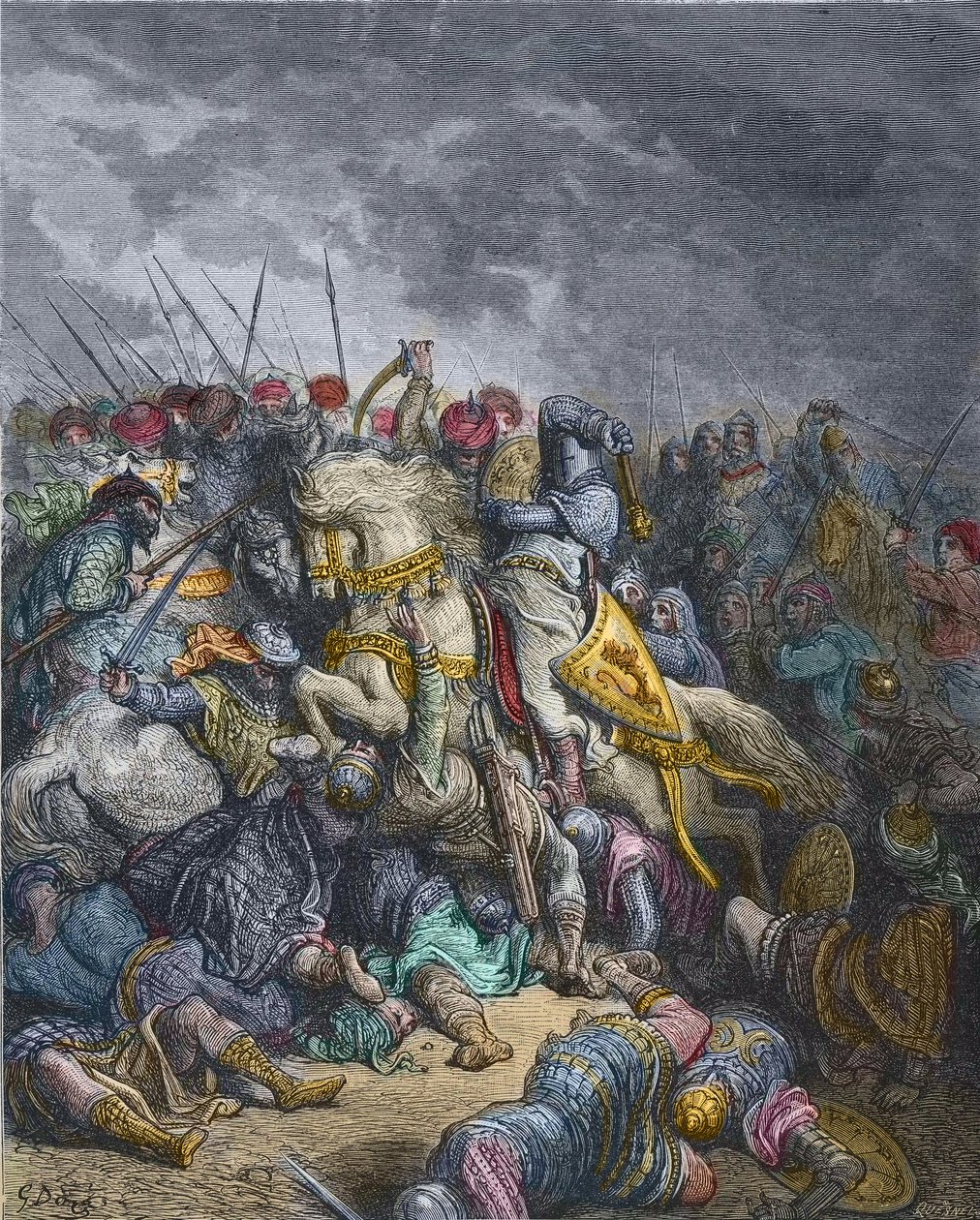 Batalla de Arsur - Ricardo I Corazón de León (1157-1199), Rey de Inglaterra participando en la 3ª Cruzada - Ricardo Corazón de León en la Batalla de Arsuf (1191), Tercera Cruzada, grabado por Gustave Doré - de Historia de las Cruzadas por Joseph-Francois M de Gustave Dore