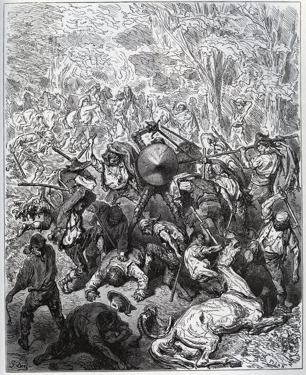 Batalla con los muleros - Los Yangois usaron sus garrotes - de “Don Quijote de la Mancha” por Miguel de Cervantes (1547-1616) - Grabado en madera después de un dibujo de Gustave Doré de Gustave Dore