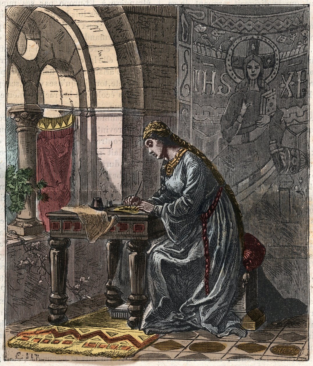 Bertrade de Montfort (1070-1117) Reina de Francia (esposa de Felipe I Rey de Francia) en Fontevrault - Grabado por Gustave Doré del siglo XIX en "Historia Nacional Ilustrada de Francia desde los Tiempos Más Remotos hasta Hoy" 1876 - Colección Privada de Gustave Dore
