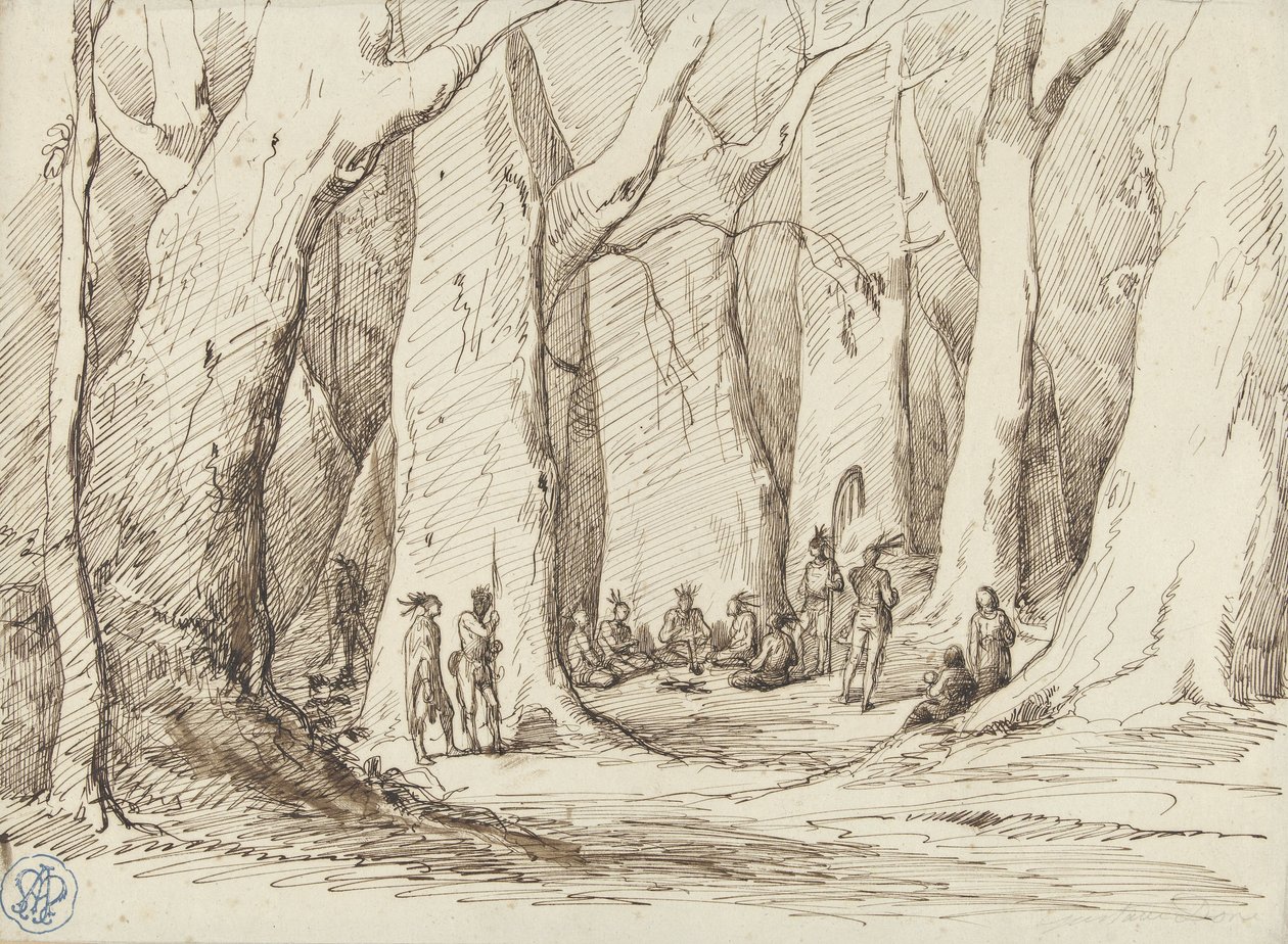 Reunión de nativos americanos en un bosque de Gustave Dore