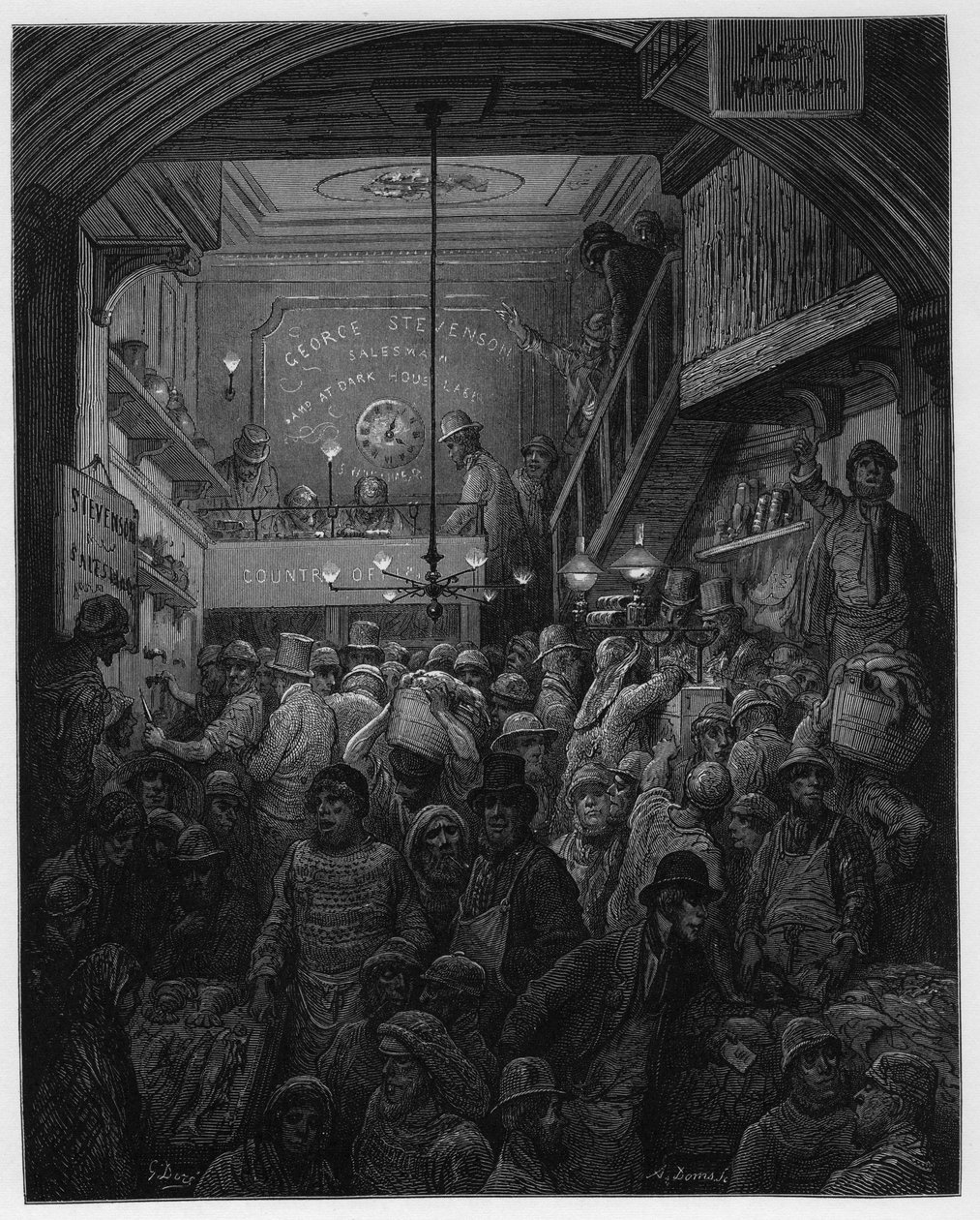 Billingsgate - Venta de pescado en la subasta. Ilustración para Londres por Louis Enault ilustrada por Gustave Doré de Gustave Dore