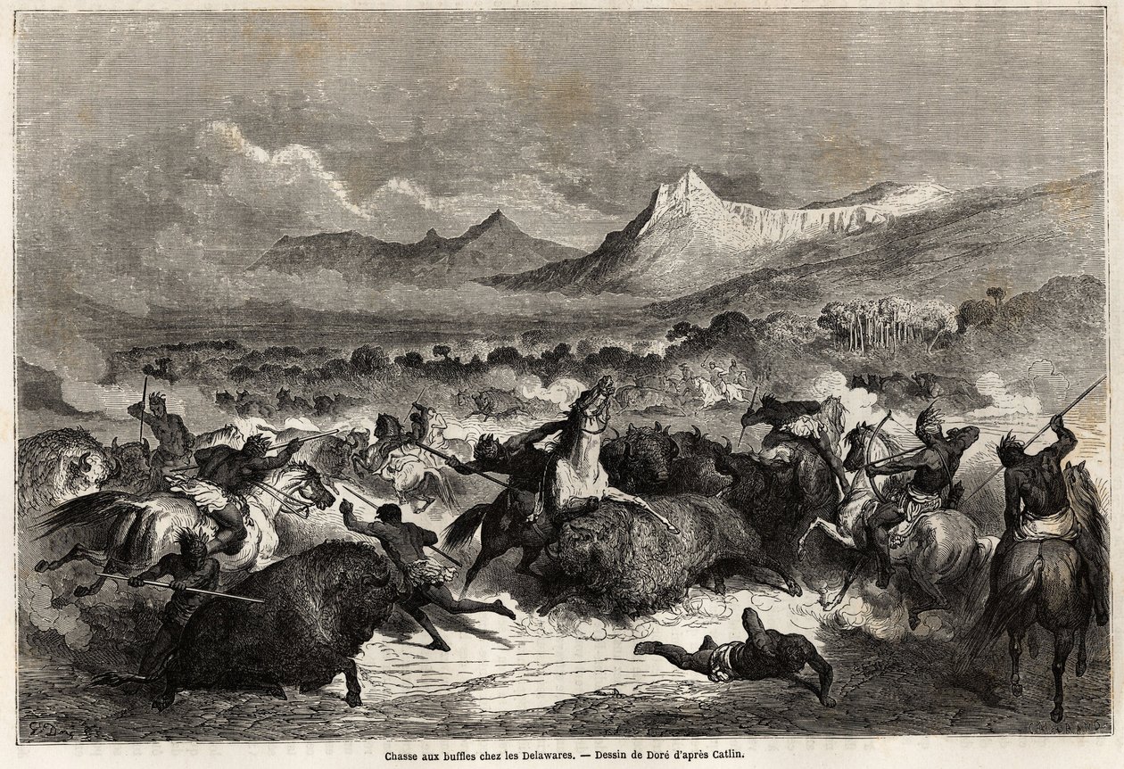 Caza de búfalos entre los Delawares, amerindios que viven a orillas del río del mismo nombre, dibujo de Gustave Doré (1832-1883), para ilustrar el viaje del Misisipi al Océano Pacífico en 1853-54 por Baudouin Mollhausen (1825-1905). Grabado de Gustave Dore