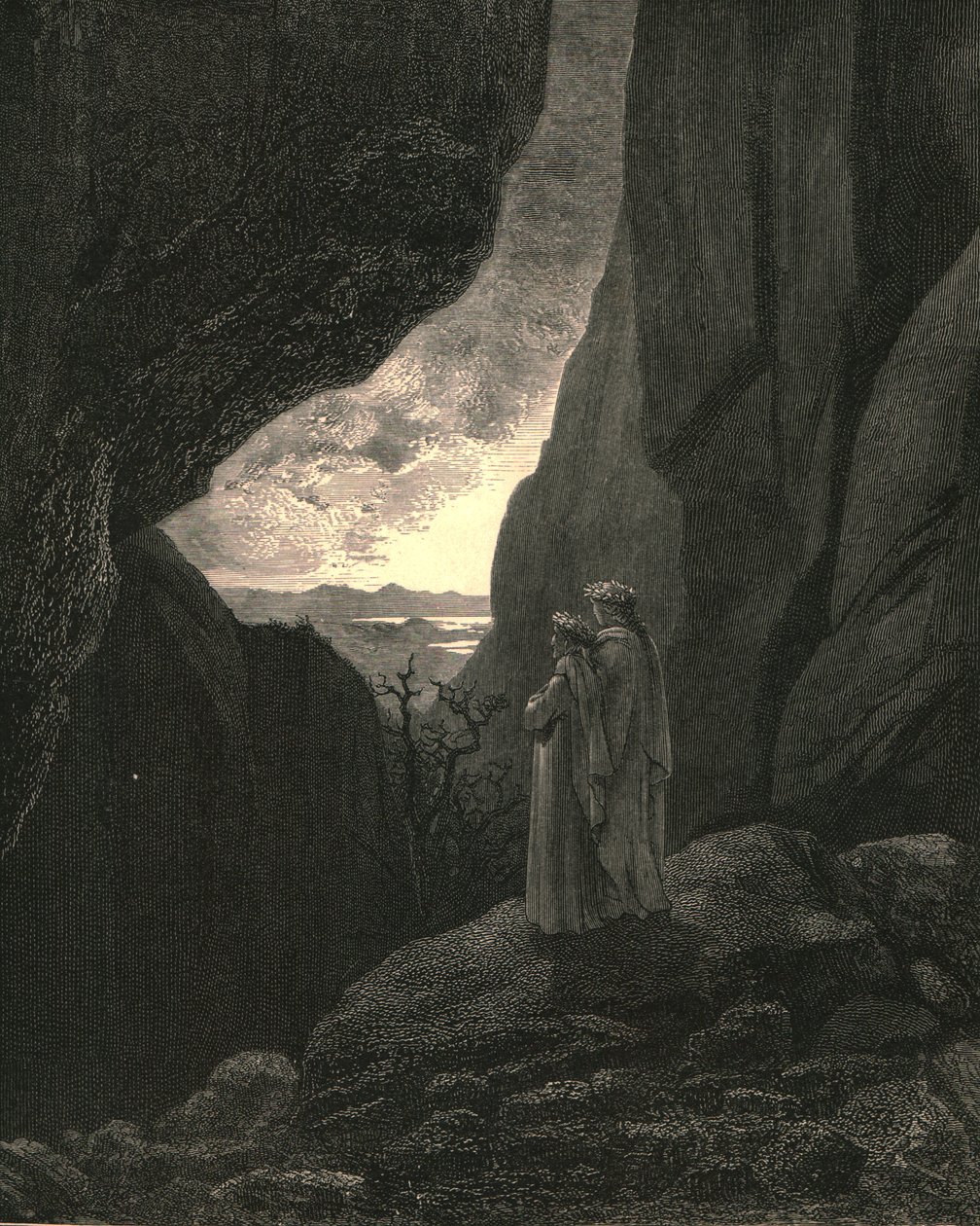 Por ese camino oculto mi guía y yo entramos, para regresar al mundo justo, c1890 de Gustave Dore