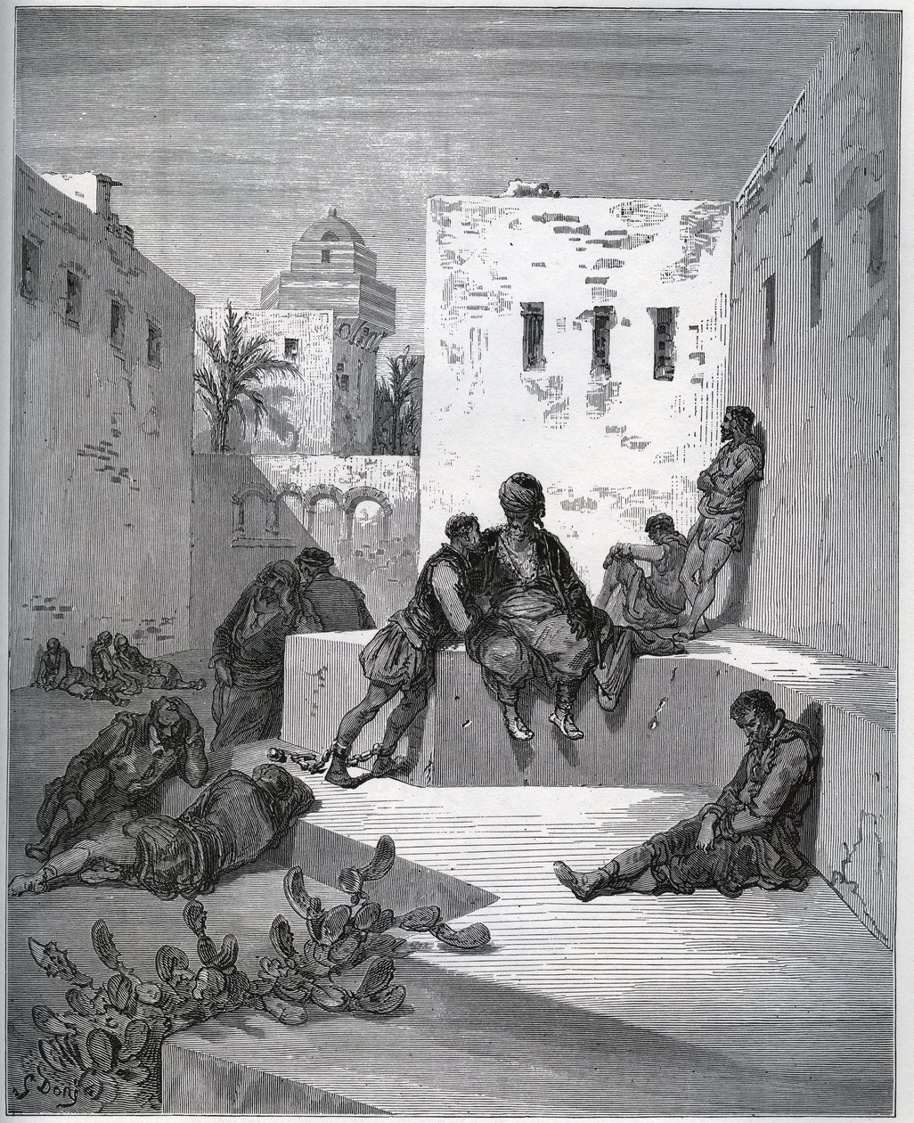 Historia de un cautivo. Patio del bagne de Argel donde el cautivo pide un servicio a un renegado cautivo - de "Don Quijote de la Mancha" de Miguel Cervantes (1547-1616) - xilografía según dibujo de Gustave Doré de Gustave Dore