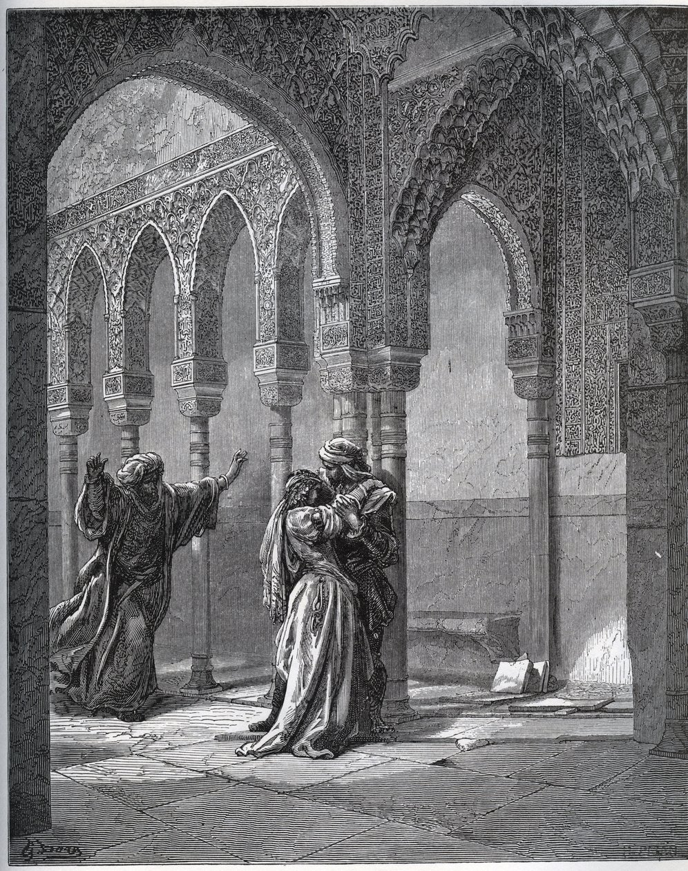 Historia del cautivo. Primer encuentro del cautivo con Zoraida en el jardín de su padre - de “Don Quijote de la Mancha” por Miguel Cervantes (1547-1616) - xilografía según dibujo de Gustave Doré de Gustave Dore