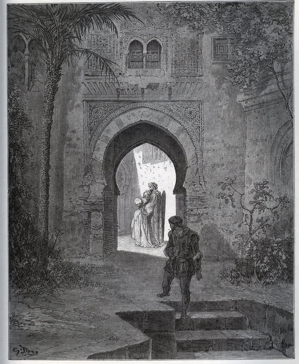 Historia del cautivo. Primer encuentro del cautivo con Zoraida en el jardín del padre, quien la trae de vuelta después de su desmayo fingido - de "Don Quijote de la Mancha" de Miguel Cervantes de Gustave Dore