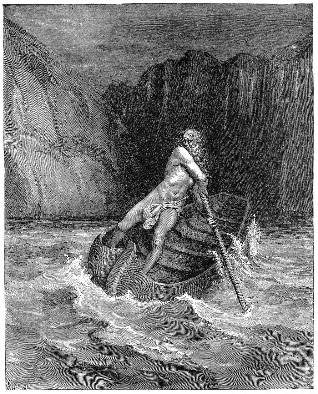 Caronte el barquero remando para recoger a Dante y Virgilio, para llevarlos a través del Estigia de Gustave Dore