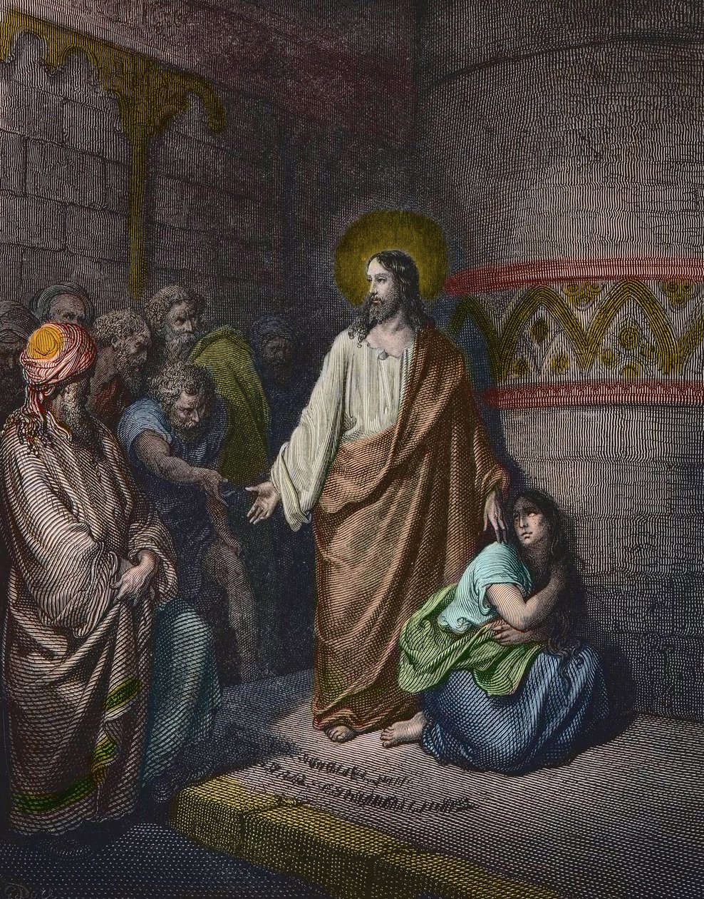 "Cristo y la mujer adúltera" Ilustración de Gustave Doré (1832-1883) - Jesús y la mujer sorprendida en adulterio - grabado por Gustave Doré - coloreado posteriormente de Gustave Dore