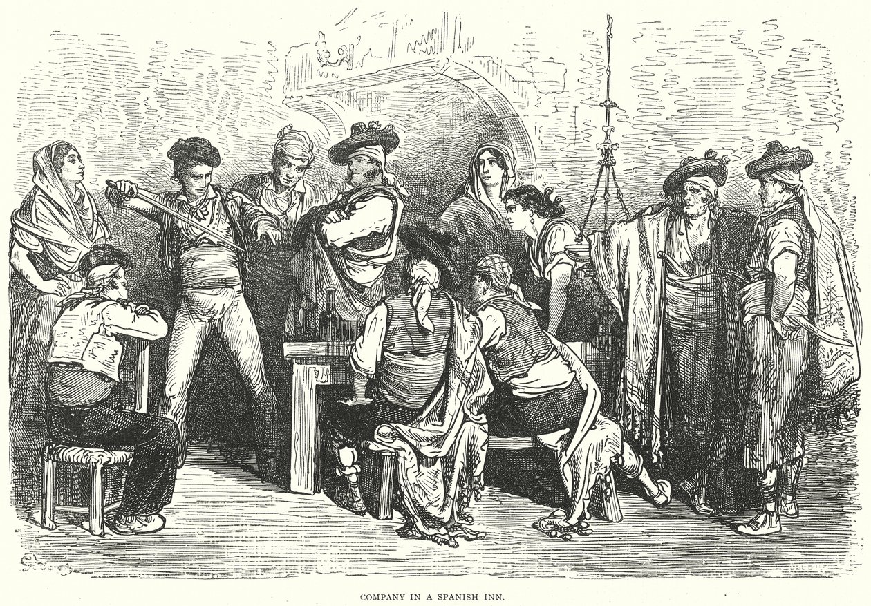 Compañía en una posada española (grabado) de Gustave Dore