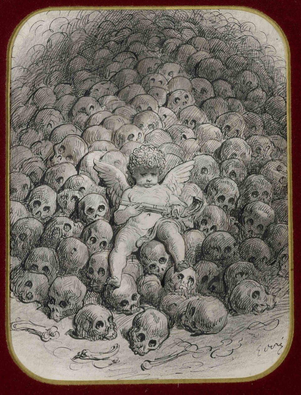 Cupido armado con una pistola sentado sobre una montaña de calaveras de Gustave Dore