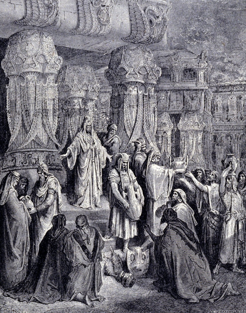 Ciro II el Grande (580 a.C. - 530 a.C.) liberó a los pueblos cautivos a su llegada a Babilonia en 539 a.C. y devolvió al pueblo judío los vasos sagrados que habían sido tomados como botín en el templo de Jerusalén. Grabado de Gustave Doré. de Gustave Dore