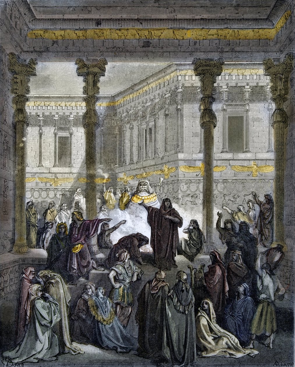 Daniel confundiendo a los sacerdotes de Baal - grabado en "La Biblia ilustrada" por Gustave Doré (1832-1883) - Grabado de "La Biblia de Doré" de Gustave Dore