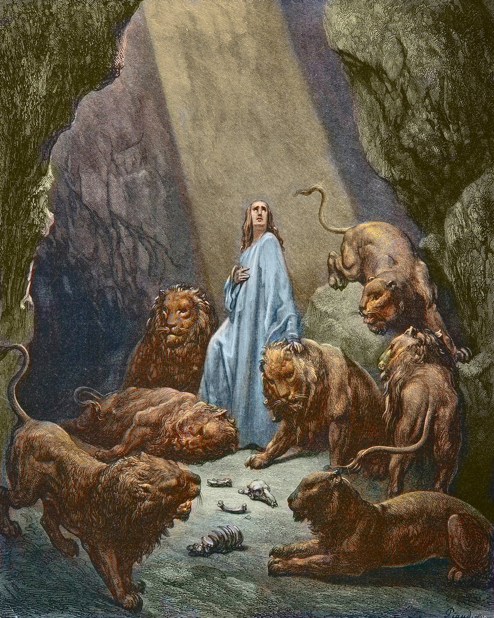 Daniel en el foso de los leones - grabado por Gustave Doré - coloreado posterior de Gustave Dore