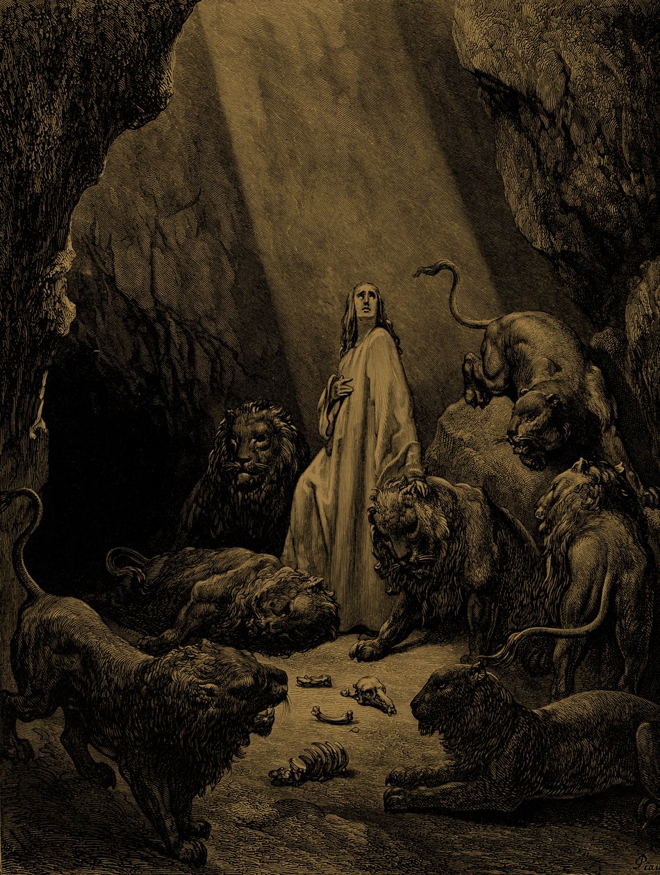 Daniel en el foso de los leones, por Doré. - Biblia de Gustave Dore
