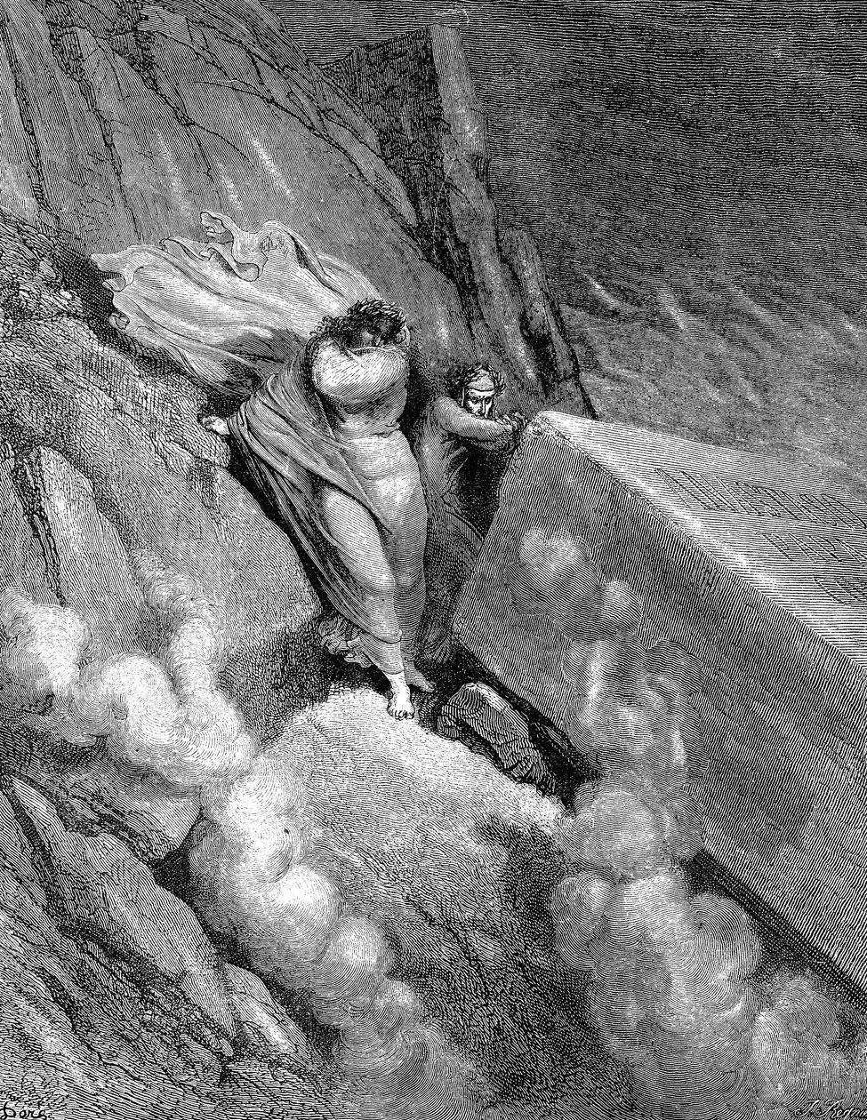 Dante y Virgilio al borde del abismo del que emanaba un olor fétido, 1863 de Gustave Dore