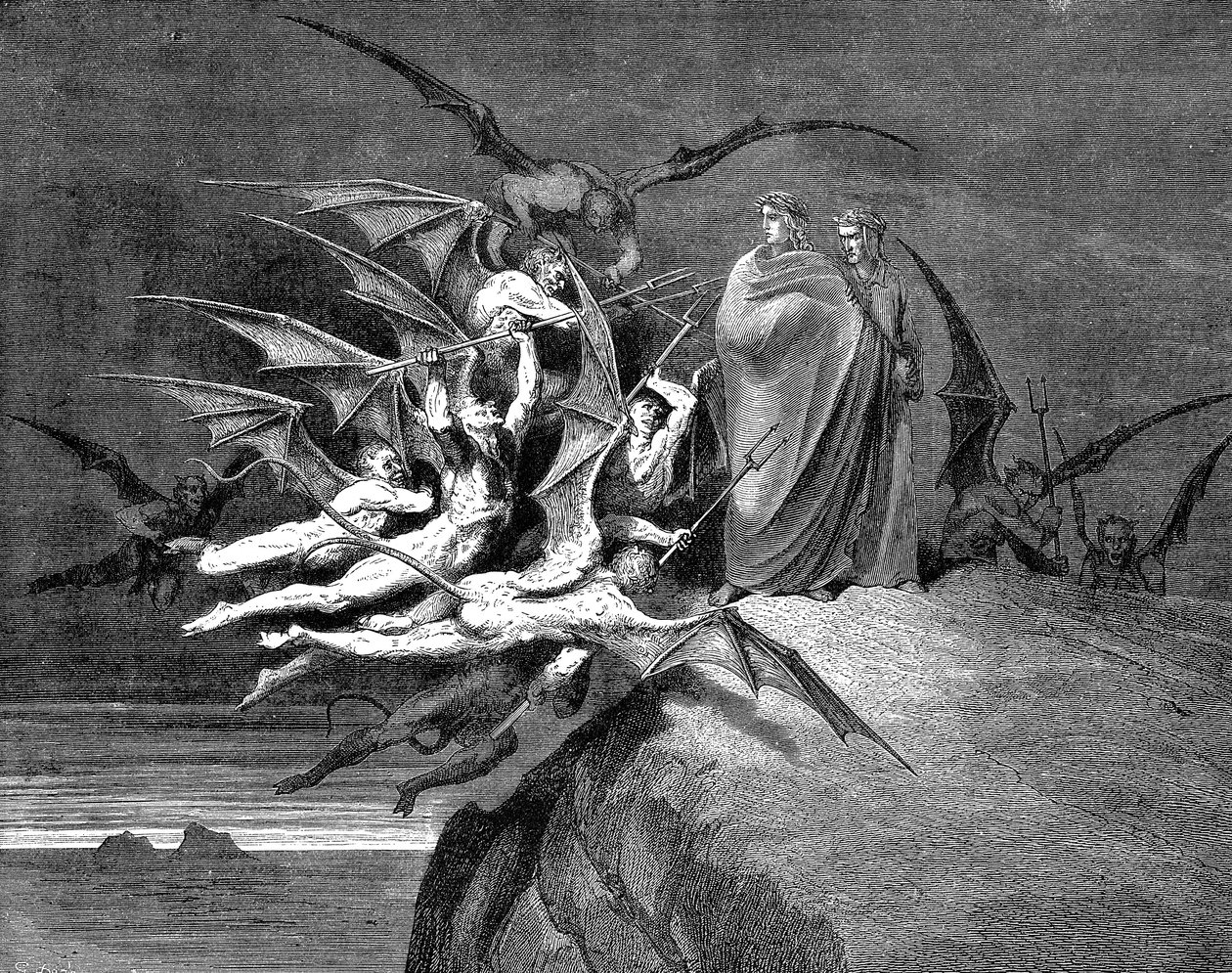 Dante y Virgilio acosados por demonios en su paso por el octavo círculo, 1861 de Gustave Dore