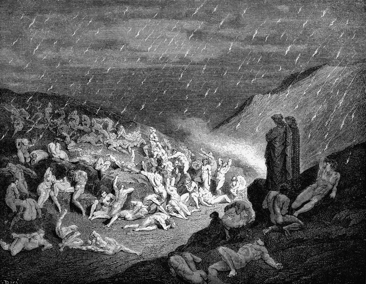 Dante y Virgilio mirando hacia abajo a las almas en tormento en el infierno, 1863 de Gustave Dore