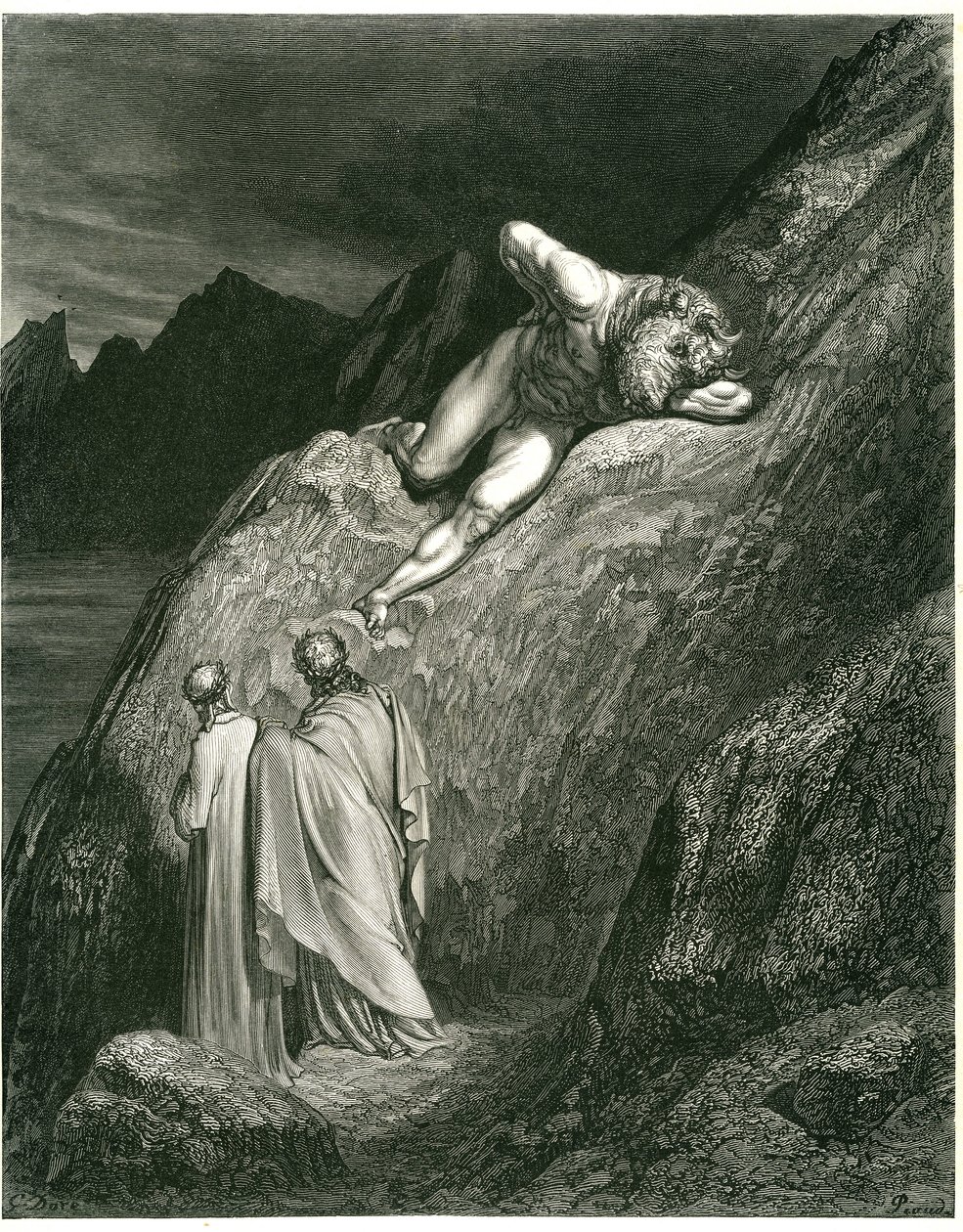Dante y Virgilio se encuentran con el Minotauro. Grabado de El Infierno de Dante Alighieri (la Divina Comedia) ilustrado por Gustave Dore. Edición francesa de 1861. "E in su la punta della rotta lacca/L