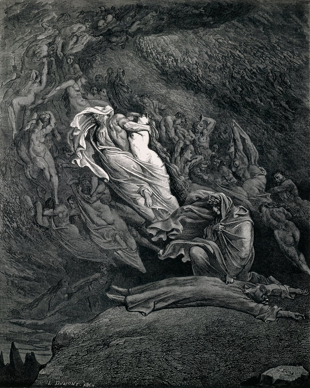 Dante y Virgilio con Paolo y Francesca, Ilustración del Infierno, Canto V de La Divina Comedia, de Dante Alighieri (1265-1321), por Gustave Doré (1832-1883) de Gustave Dore