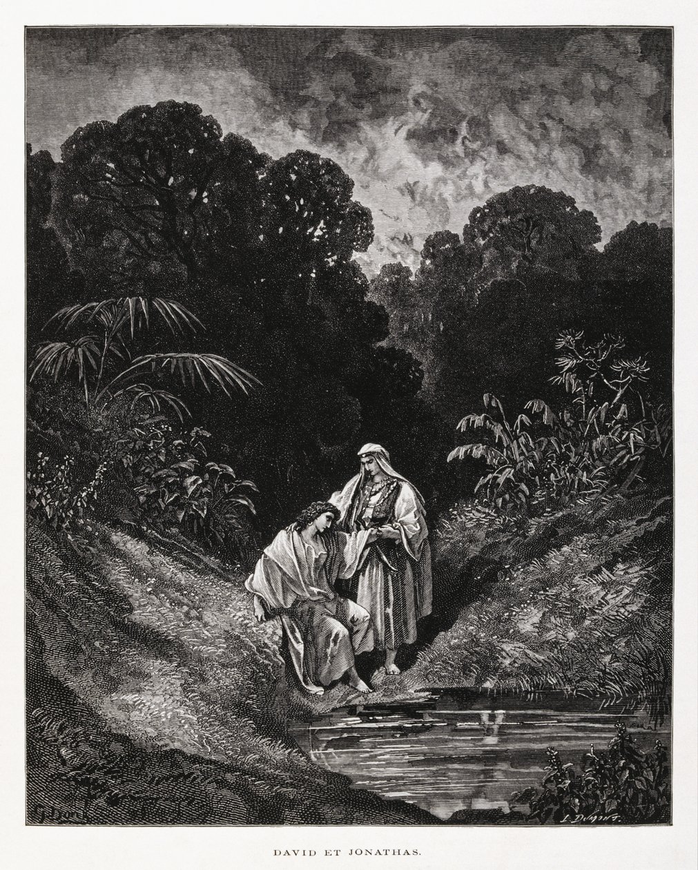 David y Jonatán, figuras heroicas del Reino de Israel, que formaron un pacto de amistad registrado en los libros de Samuel, Ilustración de la Biblia de Dore. de Gustave Dore