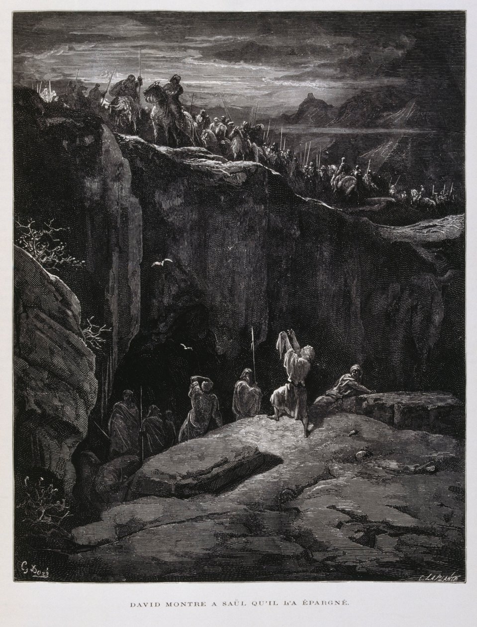 David ofrece su espada en señal de lealtad a Saúl, rey de Israel, Ilustración de la Biblia de Dore de Gustave Dore