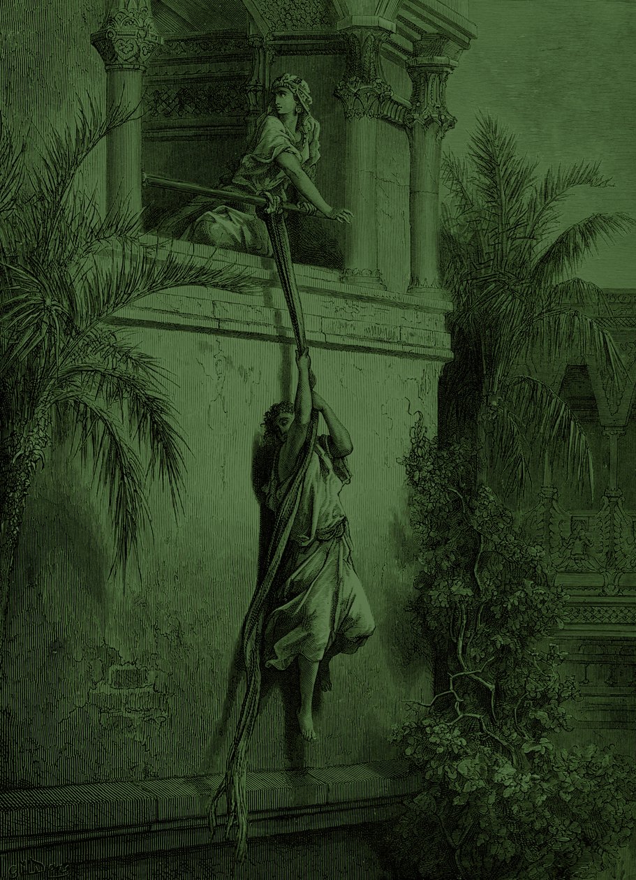 La fuga de David por la ventana, por Doré. - Biblia de Gustave Dore