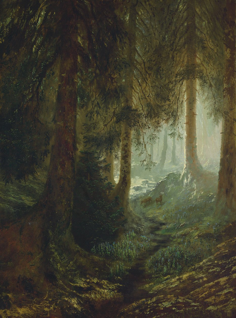 Ciervos en un paisaje forestal de Gustave Dore