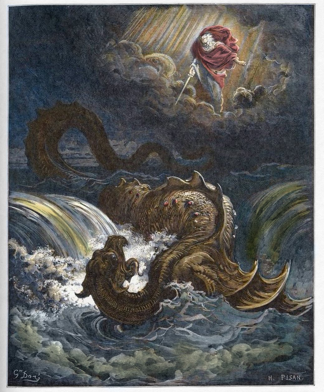 Destrucción de Leviatán - La destrucción del Leviatán, el monstruo marino del Antiguo Testamento - grabado en “La Biblia ilustrada” por Gustave Doré (1832-1883) - Grabado de “La Biblia de Doré” de Gustave Dore