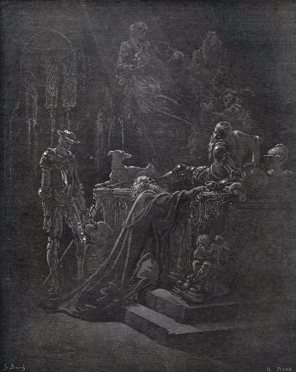 Don Quijote, Montesinos y Durandarte, en la cueva de Montesinos - de “Don Quijote de la Mancha” por Miguel Cervantes (1547-1616) (Don Quijote) - xilografía después de un dibujo de Gustave Doré de Gustave Dore