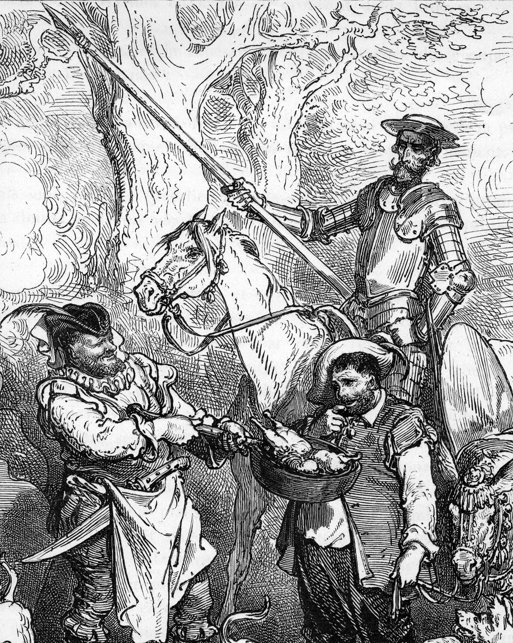 Don Quijote (Quixote o Qijote), lanza a mano y cabalga sobre su caballo Rossinant está dispuesto a lanzarse a la aventura. Su fidele squiyer, el gastrónomo Sancho Panza (Panca), duda ante un buen plato de carne. Detalle de un grabado de Gustave Dore que il de Gustave Dore
