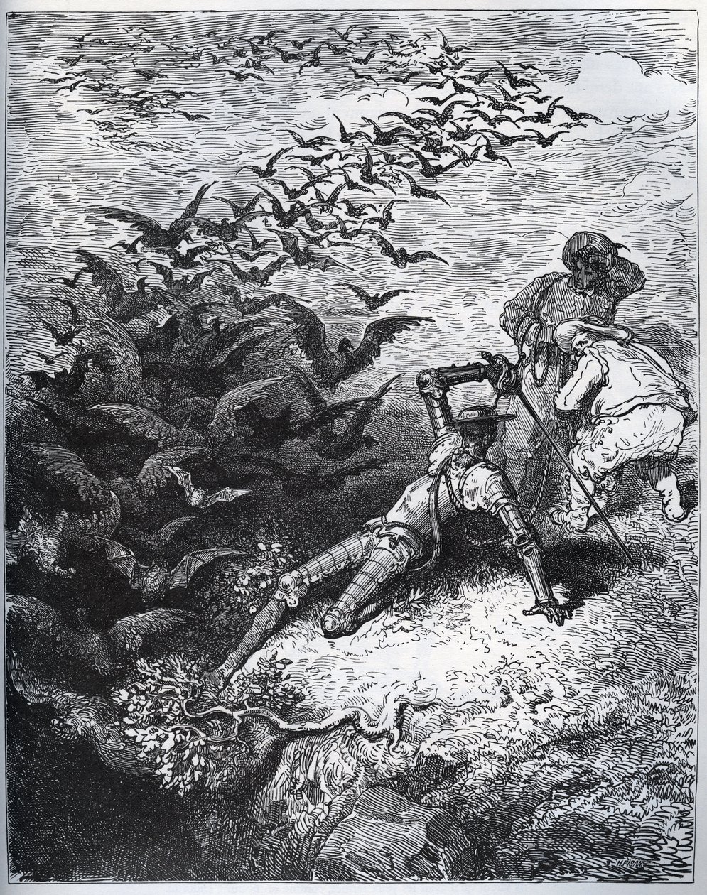 Don Quijote en la cueva de Montesinos - Un número infinito de cuervos y grajos salen de la cueva de Montesinos, derribando a Don Quijote (II, 22) - de “Don Quijote de la Mancha” de Miguel Cervantes (Don Quijote) - xilografía después de un dibujo de Gustave Dore