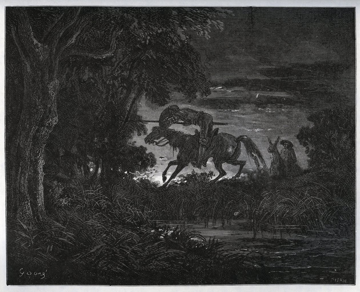 Don Quijote y Sancho Panza al comienzo de la aventura en un bosque espeso y desconocido - de “Don Quijote de la Mancha” por Miguel de Cervantes (1547-1616) - Grabado en madera después de un dibujo de Gustave Doré de Gustave Dore