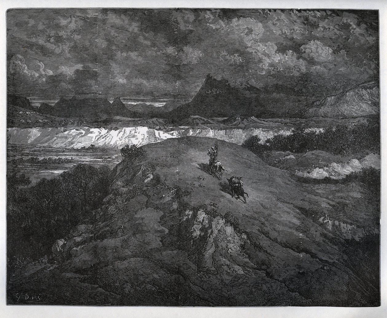 Don Quijote y Sancho Panza continúan sus aventuras en una región montañosa, Sierra Morena - de “Don Quijote de la Mancha” de Miguel Cervantes (1547-1616) - xilografía después del dibujo de Gustave Doré de Gustave Dore